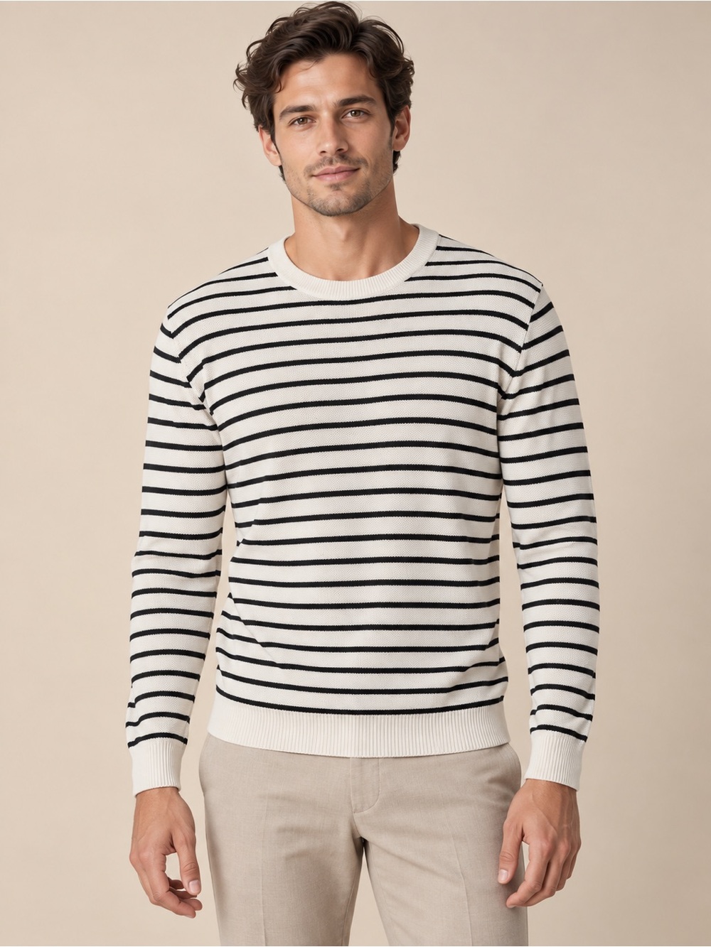 Vince 100% Cotton Striped Crewneck Sweater Size L Black Ivory Vintage Classic